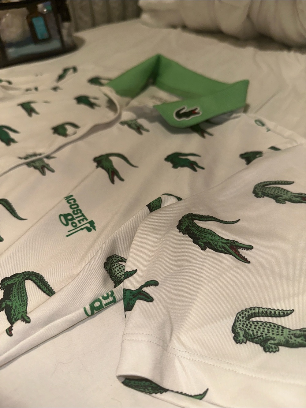 Lacoste White Polo with Green Crocodile Allover Print